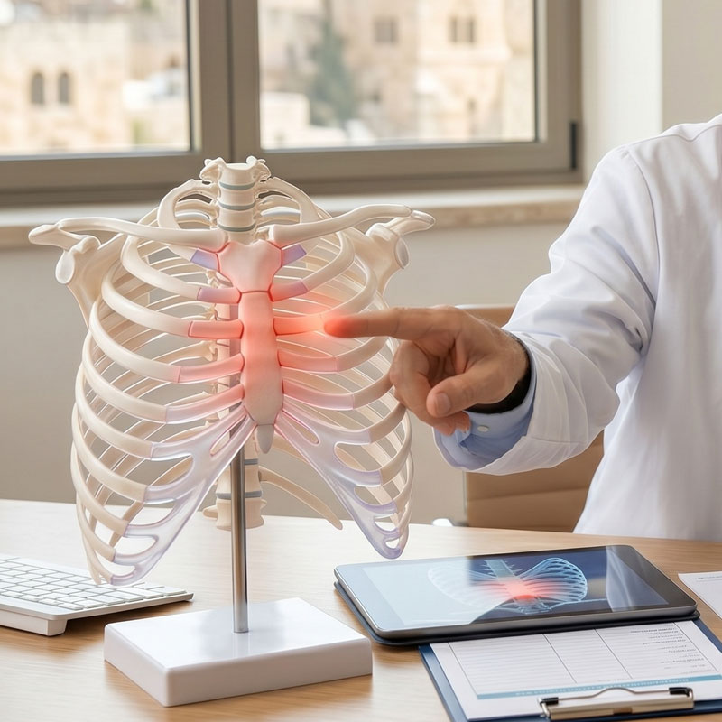 החיבור שבין הצלעות לעצם החזה ($Sternum$) והאופן שבו דלקת בסחוס גורמת לרגישות מקומית.